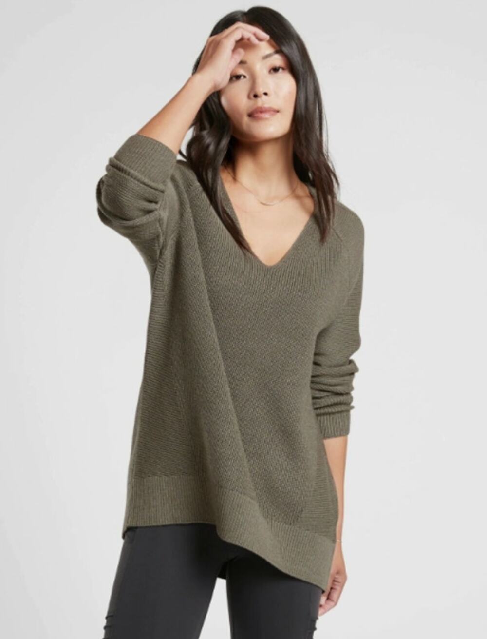 Athleta Hanover V-Neck Sweater Green XS Ribbed